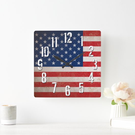 ヴィンテージアメリカ国旗USA愛国的アメリカーナ スクエア壁時計 (ホーム)