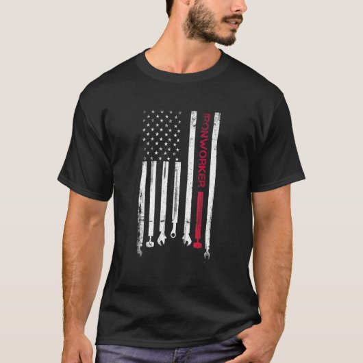 ヴィンテージアメリカ製鉄工アメリカ国旗の鉄工P Tシャツ (正面)