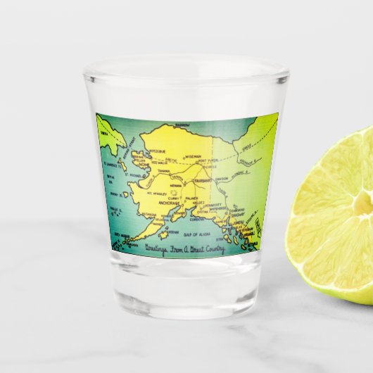 ヴィンテージアラスカの地図 – ベーリング海峡、ノーム、バロー ショットグラス (正面)