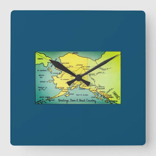 ヴィンテージアラスカの地図 – ベーリング海峡、ノーム、バロー スクエア壁時計 (正面)