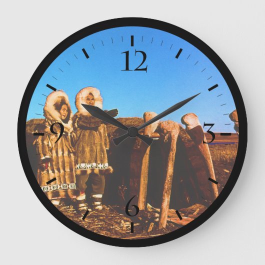 ヴィンテージアラスカの毛皮の服エスキモ北極帯sod igloo ラージ壁時計 (正面)