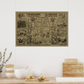 ヴィンテージアラバマ州とミシシッピ州の地図 ポスター (キッチン)