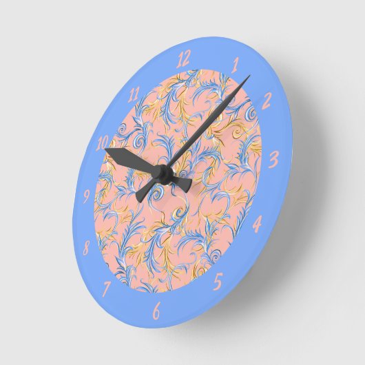 ヴィンテージアラベスクピンクブルーかわいらし渦模様 ラウンド壁時計 (傾斜)