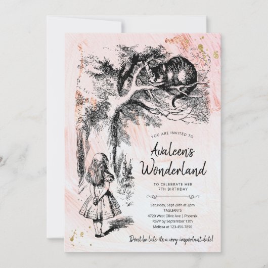 ヴィンテージアリスのワンダーランドでの冒険誕生日 招待状 (正面)