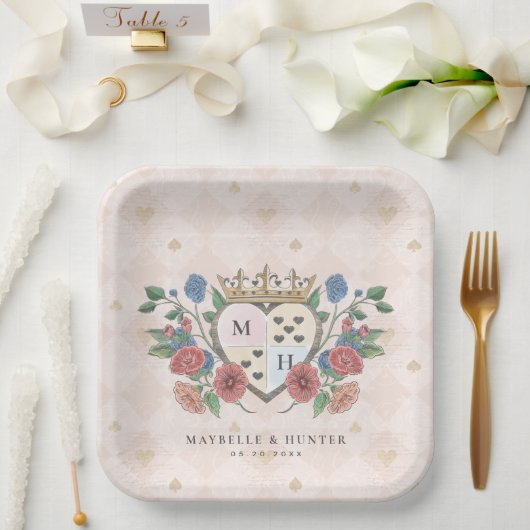 ヴィンテージアリスインワンダーランドクラウンハートモノグラム ペーパープレート (ウェディング)