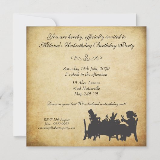 ヴィンテージアリスインワンダーランドティーパーティー誕生日 招待状 (裏面)