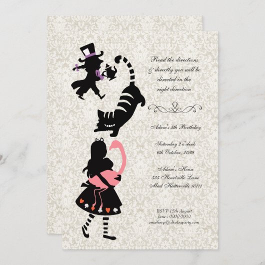 ヴィンテージアリスインワンダーランドティーパーティー誕生日 招待状 (正面/裏面)