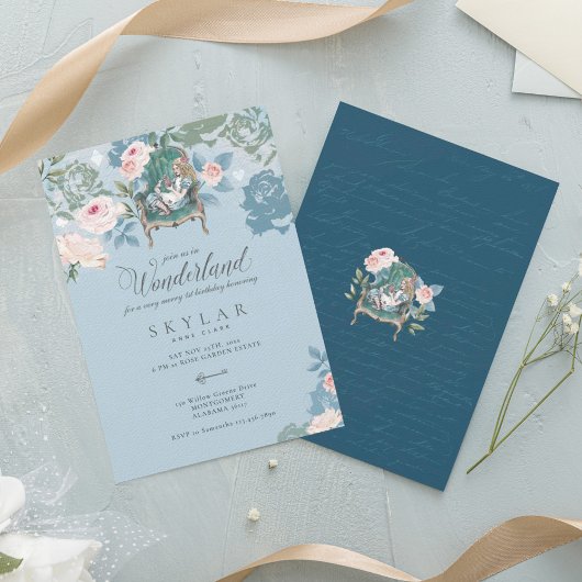 ヴィンテージアリスインワンダーランドピンクローズ誕生日 招待状