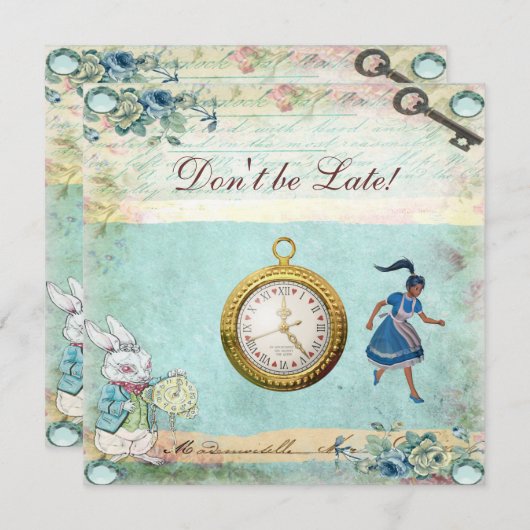 ヴィンテージアリスインワンダーランドベビーシャワーティーパーティー 招待状 (正面/裏面)