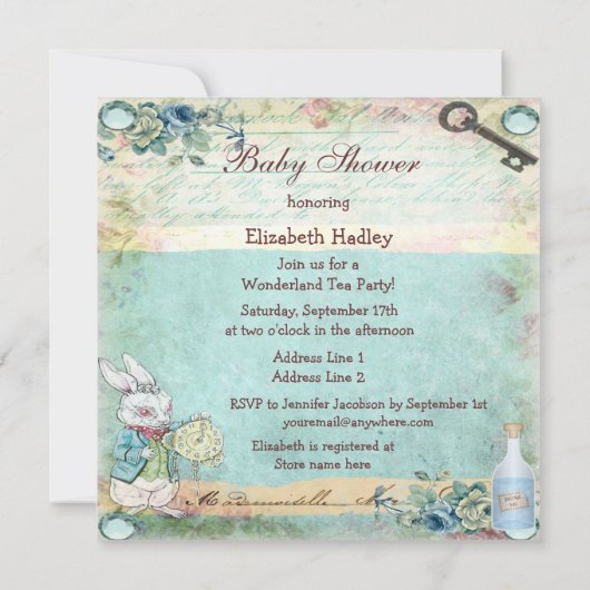 ヴィンテージアリスインワンダーランドベビーシャワーティーパーティー 招待状 (裏面)