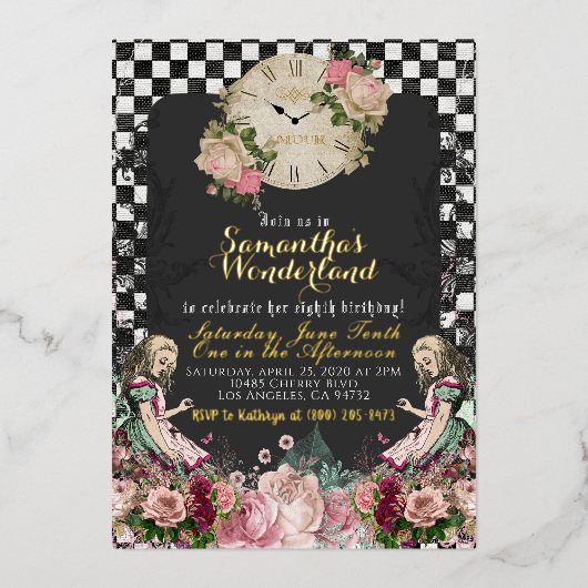 ヴィンテージアリスインワンダーランド誕生日 箔招待状 (正面)