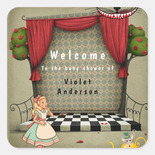 ヴィンテージアリスinワンダーランドガールベビーシャワー スクエアシール (正面)
