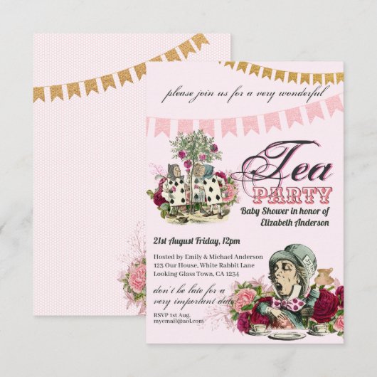 ヴィンテージアリスinワンダーランドティーパーティーカスタムパーティー 招待状 (正面/裏面)