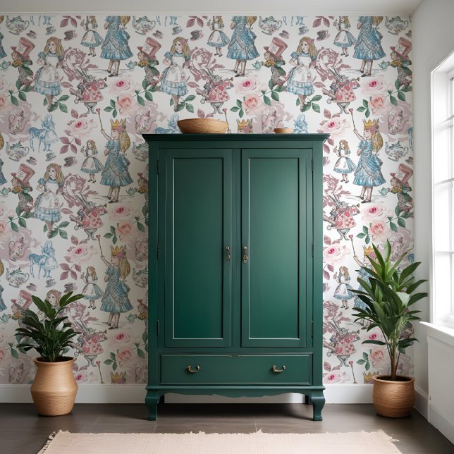 ヴィンテージアリスinワンダーランドピンクローゼデクページ 壁紙 (Vintage Alice In Wonderland Pink Roses Decoupage Wallpaper)