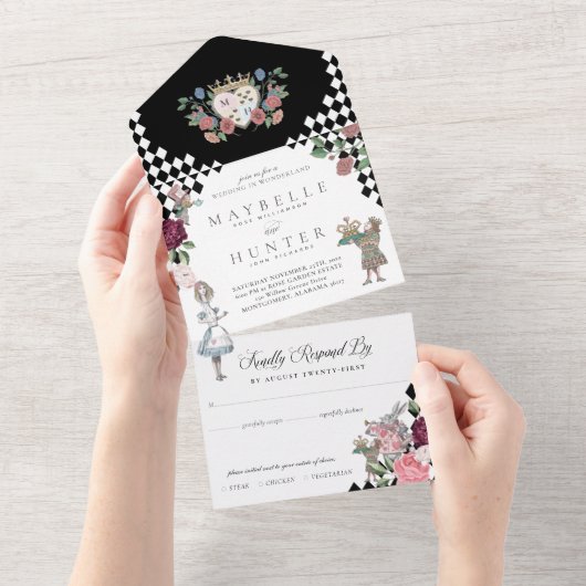 ヴィンテージアリスinワンダーランドブラックチェッカーボード オールインワン招待状 (貼ってはがせる)