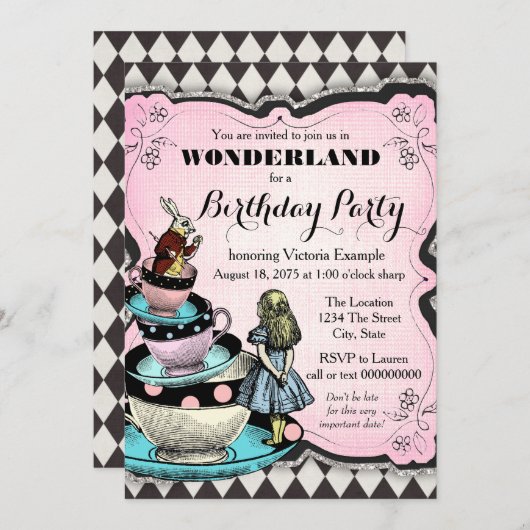 ヴィンテージアリスinワンダーランド誕生日パーティー 招待状 (正面/裏面)
