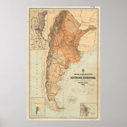 ヴィンテージアルゼンチンの地図(1882年) ポスター (正面)