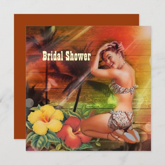 ヴィンテージアロハフラガールハワイビーチブライダルシャワー 招待状 (正面/裏面)