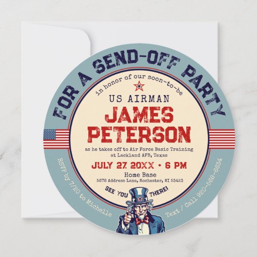 ヴィンテージアンクルサム軍隊行く遠くにパーティーサークル 招待状 (裏面)