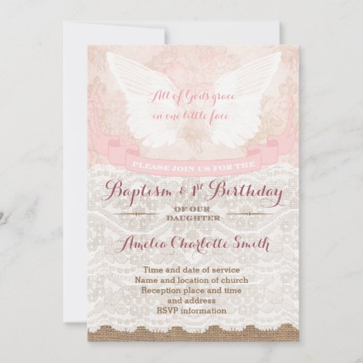ヴィンテージアンジェルバプテスミアンドファースト誕生日ガール 招待状 (正面)