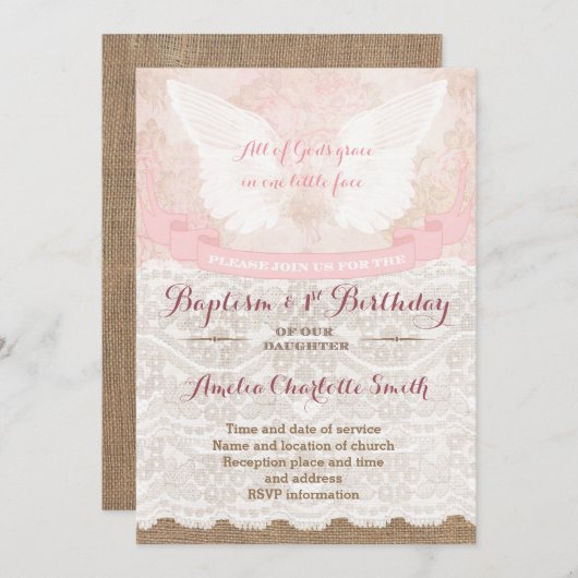ヴィンテージアンジェルバプテスミアンドファースト誕生日ガール 招待状 (正面/裏面)