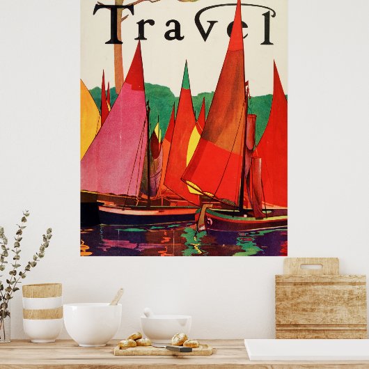 ヴィンテージアンティークイタリアトラベルマガジン魚釣り ポスター (キッチン)