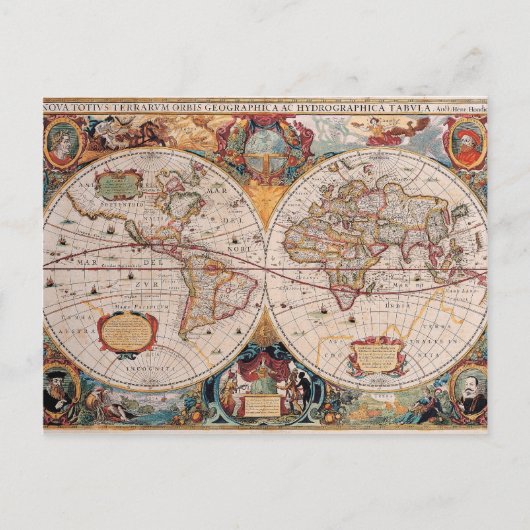 ヴィンテージアンティークオールドワールドマップデザイン色あせたプリント ポストカード (正面)