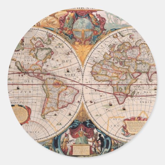 ヴィンテージアンティークオールドワールドマップデザイン色あせたプリント ラウンドシール (正面)
