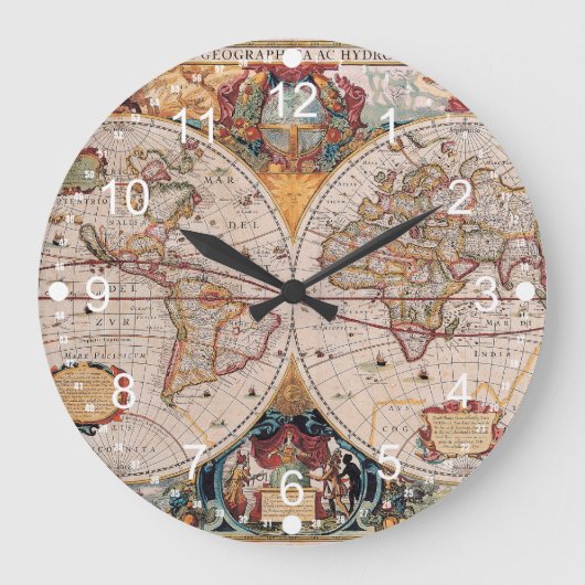 ヴィンテージアンティークオールドワールドマップデザイン色あせたプリント ラージ壁時計 (正面)