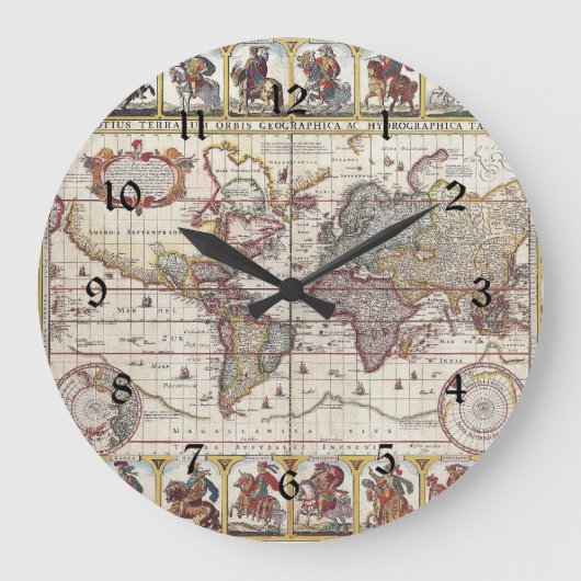 ヴィンテージアンティークオールドワールドマップデザイン色あせたプリント ラージ壁時計 (正面)