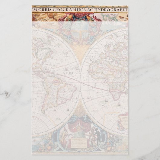 ヴィンテージアンティークオールドワールドマップデザイン色あせたプリント 便箋 (正面)