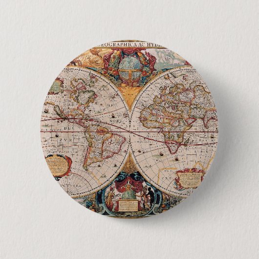 ヴィンテージアンティークオールドワールドマップデザイン色あせたプリント 缶バッジ (正面)