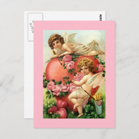 ヴィンテージアンティークキューピッドバレンタインデーハートバラ ポストカード (正面/裏面)