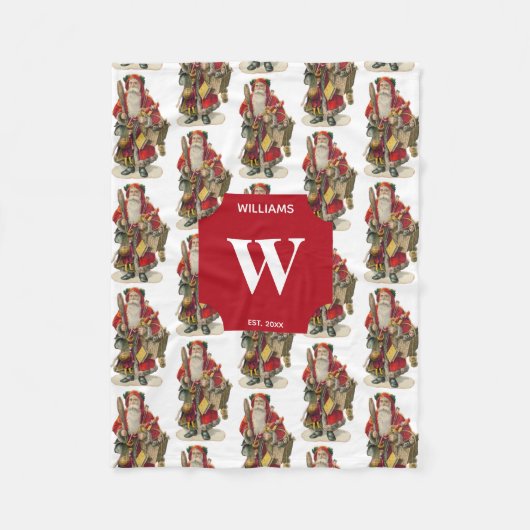 ヴィンテージアンティーククリスマスサンタクロースモノグラムの フリースブランケット (正面)