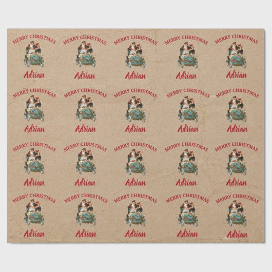 ヴィンテージアンティーククリスマスサンタ名前をカスタムするクラフト ラッピングペーパー (フラット)