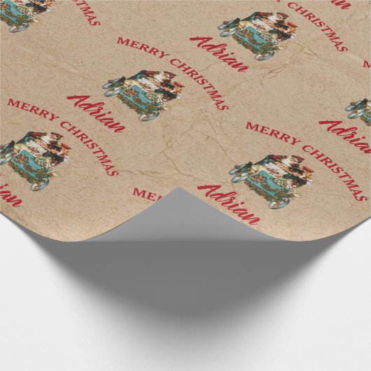 ヴィンテージアンティーククリスマスサンタ名前をカスタムするクラフト ラッピングペーパー (角)