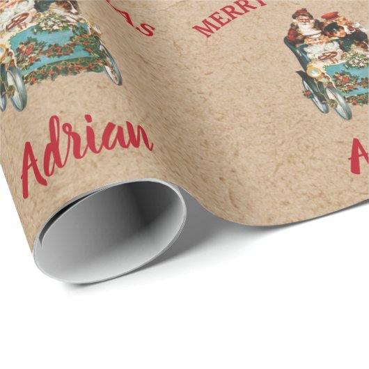 ヴィンテージアンティーククリスマスサンタ名前をカスタムするクラフト ラッピングペーパー (ロールコーナー)