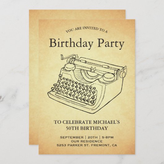 ヴィンテージアンティークタイプライター誕生日パーティー 招待状 (正面/裏面)