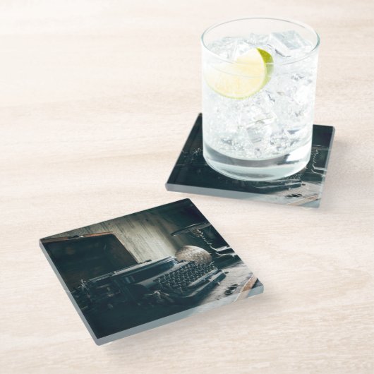 ヴィンテージアンティークタイプライター ガラスコースター (アングル)