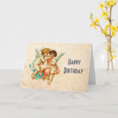 ヴィンテージアンティークチェルブエンジェル図解入りの、写真付きの誕生日 カード (黄色い花)