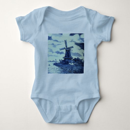 ヴィンテージアンティークデルフトブルータイルウィンドミル ベビーボディスーツ (正面)