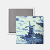 ヴィンテージアンティークデルフトブルータイル – ウィンドミルピンバック マグネット (正面/裏面)