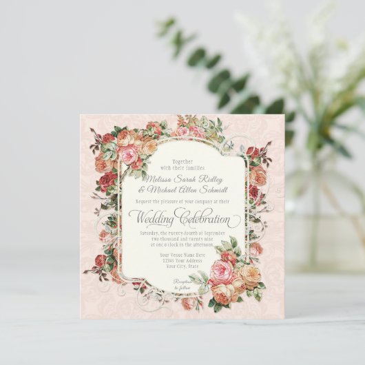 ヴィンテージアンティークバラフローラブーケスクエア結婚ズ 招待状 (スタンド正面)