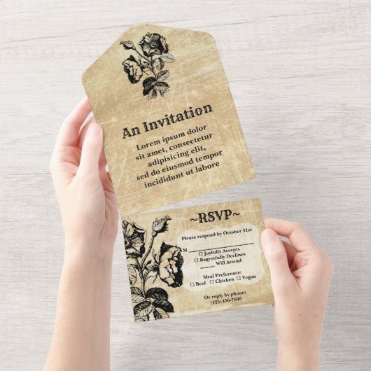 ヴィンテージアンティークバラ オールインワン招待状 (貼ってはがせる)