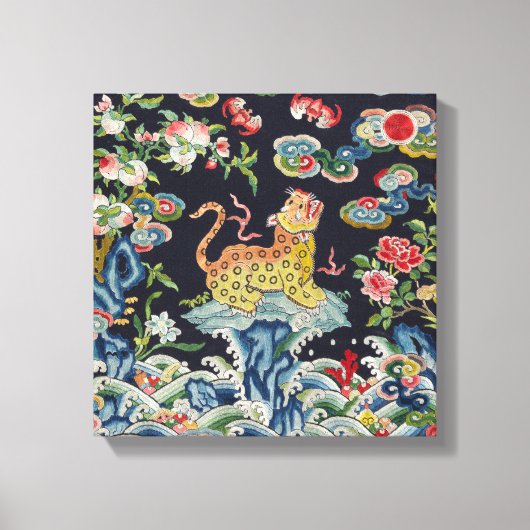 ヴィンテージアンティークヒョウ花刺繍織物 キャンバスプリント (正面)