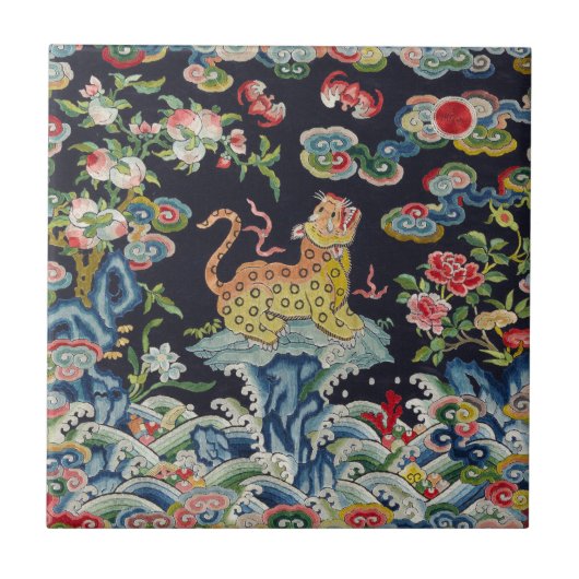 ヴィンテージアンティークヒョウ花刺繍織物 タイル (正面)