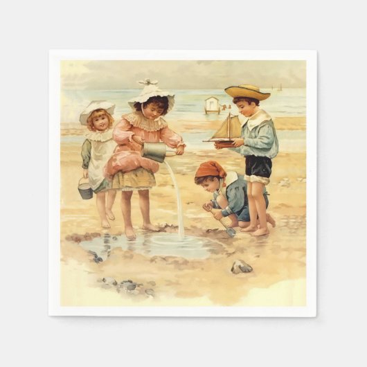 ヴィンテージアンティークビーチボーイガールチルドレンファインアート スタンダードカクテルナプキン (正面)