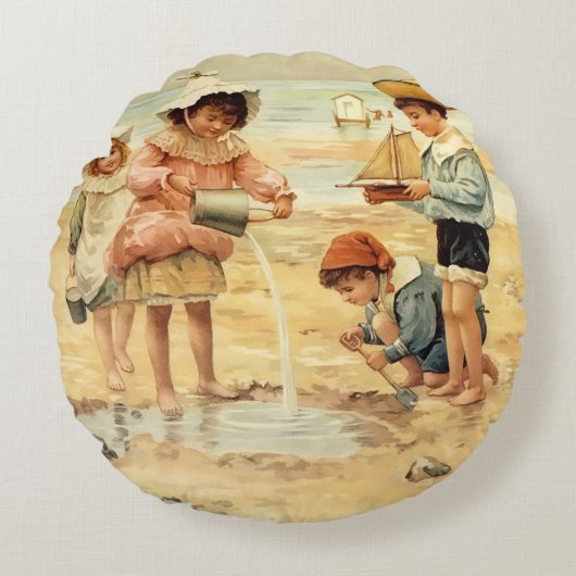 ヴィンテージアンティークビーチボーイガールチルドレンファインアート ラウンドクッション (正面)