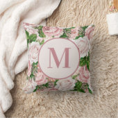 ヴィンテージアンティークピンクフラワーズモノグラムイニシャル クッション (ブランケット)