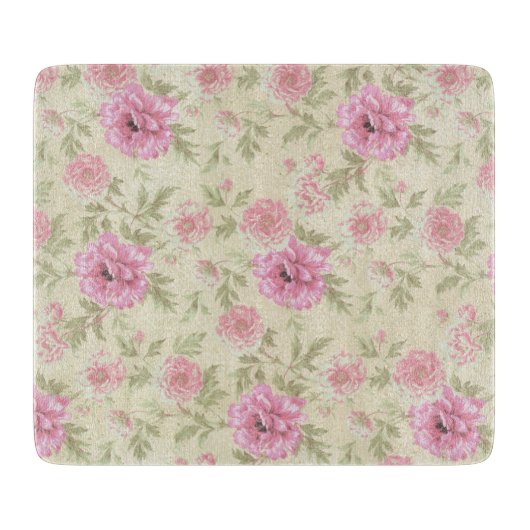 ヴィンテージアンティークピンクローズフローラ植物学 カッティングボード (正面)